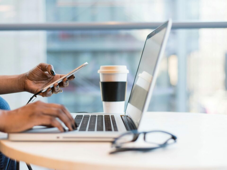 Free laptop on table top stock photo